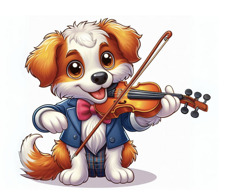 Illustration of a dog playing a violin, representing careful, precise practice like a careful carpenter.