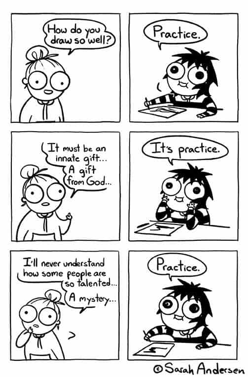 Illustration with the message that talent comes from practice, not natural gift.